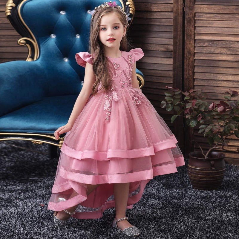 HIHCBF Little Big Girls Flower High Low Tulle Dress Princess Wedding Pageant Birthday Party Formal Evening Dance Ball Gown Dusty Rose 4-5T - Image 4